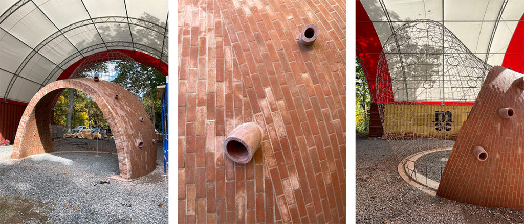 three different angles of the Martin Puryear commission, from left to right: an archway on completed brick with the wire structure in the shape of a dome extending upward, a close up of the terracotta colored bricks and how they curve with the sculpture, and a view of the sculpture half completed from the side
