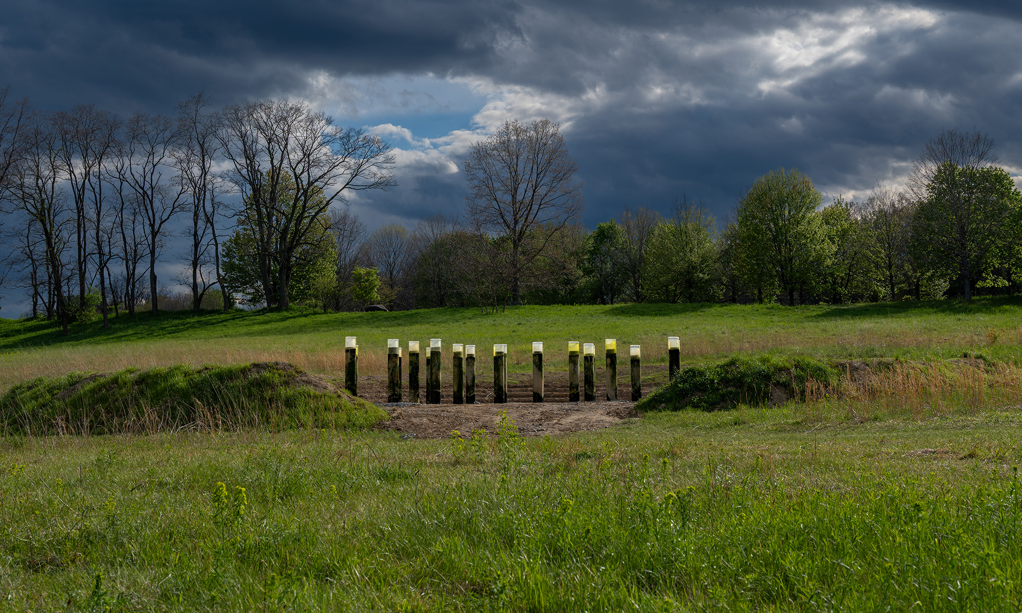 The edge of a circular pond is ringed with clear tubes emerging from the water. The tubes are filled with a greenish-brown terrarium. Outside the pond, an amphitheater is dotted with fragments of carved stone, like an archaeological dig site.